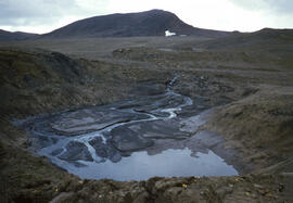 Example of slumping hill sides due to melting of ice lenses in the soil. Material is carried to t...